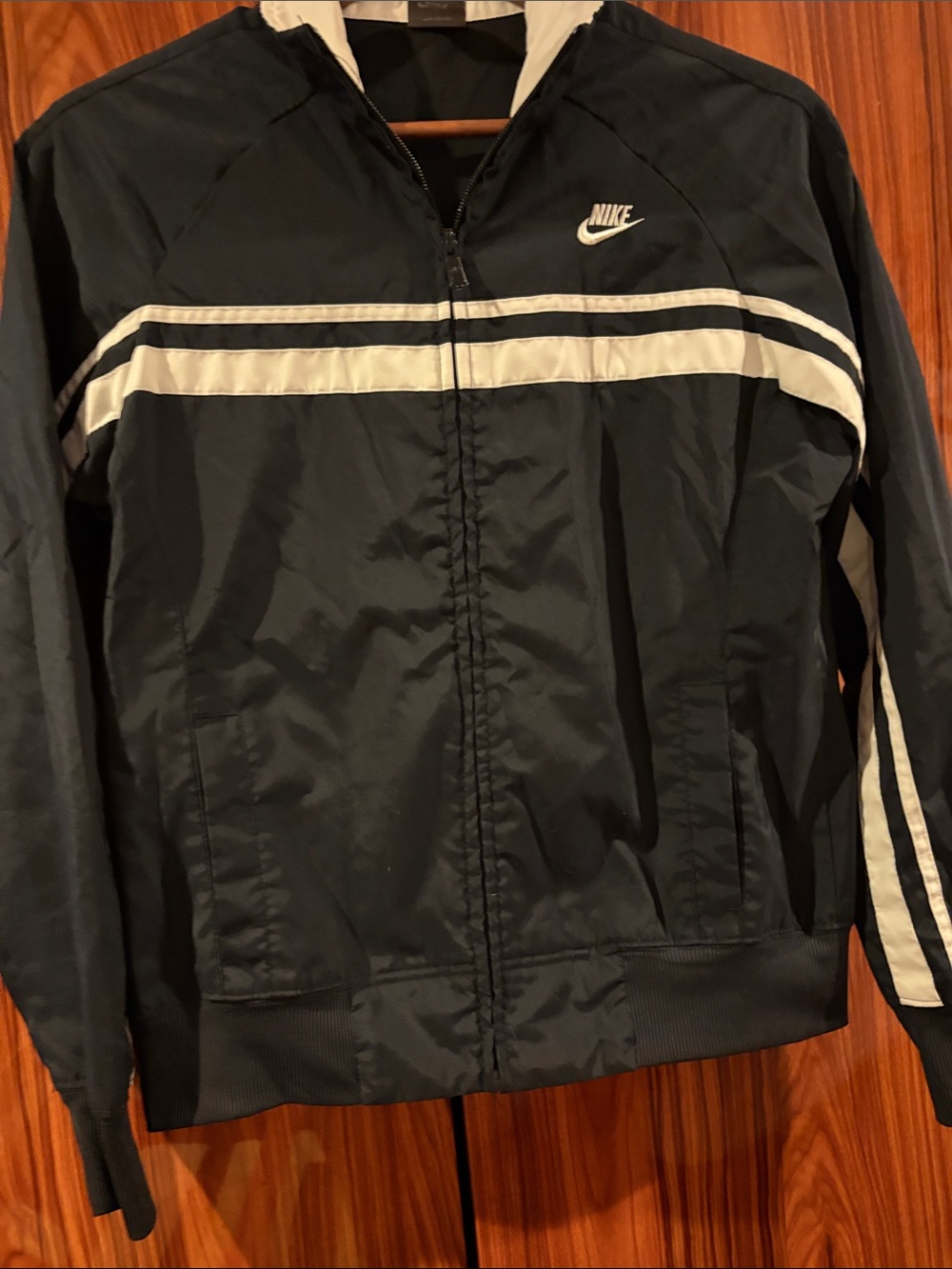 Nike Black Windbreaker Jacket with White Stripe Trim